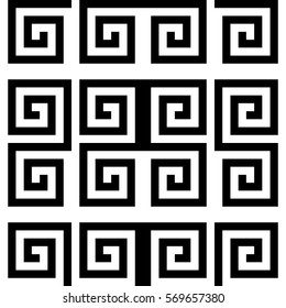 Vector seamless pattern. Decorative ornament, ancient design with striped black white spiral line. Background, texture with optical art effect. Classic decoration for tile, cover, fabric, print, badge