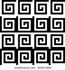 Vector seamless pattern. Decorative ornament, ancient design with striped black white spiral lines. Background, texture with op art effect. Classic decoration for tile, card, textile, parquet, border
