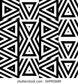 Vector seamless pattern. Decorative ornament, figurative design template with striped black white triangles. Background, texture with optical illusion effect. Decor for card tile textile parquet wall