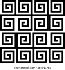 Vector seamless pattern. Decorative ornament, ancient design with striped black white spiral line. Background, texture with optical art effect. Classic decoration for tile, cover, fabric, print, badge