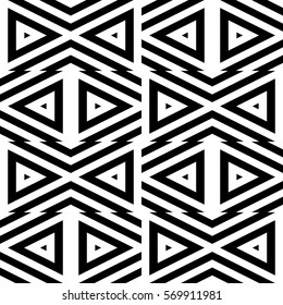 Vector seamless pattern. Decorative ornament, figurative design template with striped black white triangles. Background, texture with optical illusion effect. Decor for card tile textile parquet wall