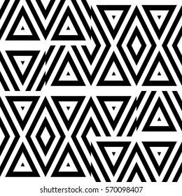 Vector seamless pattern. Decorative ornament, chaotic design template with striped black white triangles. Background, texture with optical illusion chaos. Decor for card tile textile parquet wall