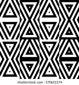 Vector seamless pattern. Decorative ornament, figurative design template with striped black white triangles. Background, texture with optical illusion effect. Decor for card tile textile parquet wall