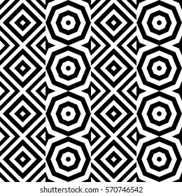 Vector seamless pattern. Decorative ornament, figurative design template with striped black white polygons. Background, texture with optical illusion effect. Decor for card tile textile parquet wall