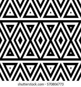 Vector seamless pattern. Decorative ornament, figurative design template with striped black white triangles. Background, texture with optical illusion effect. Decor for card tile textile parquet wall