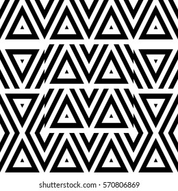 Vector seamless pattern. Decorative ornament, figurative design template with striped black white triangles. Background, texture with optical illusion effect. Decor for card tile textile parquet wall