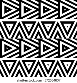 Vector seamless pattern. Decorative ornament, figurative design template with striped black white triangles. Background, texture with optical illusion effect. Decor for card tile textile parquet wall
