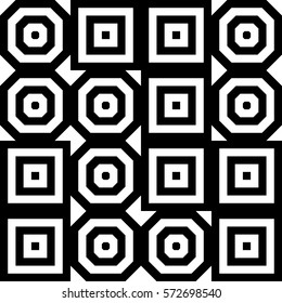 Vector seamless pattern. Decorative ornament, figurative design template with striped black white polygons. Background, texture with optical illusion effect. Decor for card tile textile parquet wall