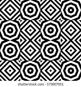 Vector seamless pattern. Decorative ornament, figurative design template with striped black white polygons. Background, texture with optical illusion effect. Decor for card tile textile parquet wall