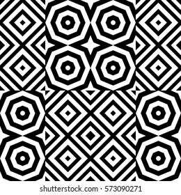 Vector seamless pattern. Decorative ornament, figurative design template with striped black white polygons. Background, texture with optical illusion effect. Decor for card tile textile parquet wall