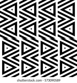 Vector seamless pattern. Decorative ornament, figurative design template with striped black white triangles. Background, texture with optical illusion effect. Decor for card tile textile parquet wall