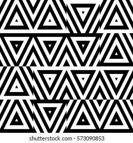 Vector seamless pattern. Decorative ornament, chaotic design template with striped black white triangles. Background, texture with optical illusion chaos. Decor for card tile textile parquet wall