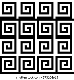 Vector seamless pattern. Decorative ornament, ancient design with striped black white spiral lines. Background, texture with op art effect. Classic decoration for tile, card, textile, parquet, border