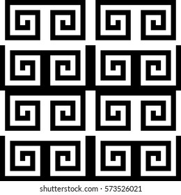 Vector seamless pattern. Decorative ornament, ancient design with striped black white spiral lines. Background, texture with op art effect. Classic decoration for tile, card, textile, parquet, border