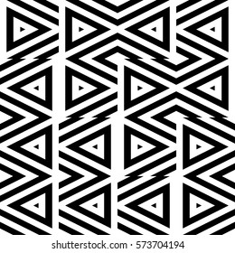 Vector seamless pattern. Decorative ornament, figurative design template with striped black white triangles. Background, texture with optical illusion effect. Decor for card tile textile parquet wall