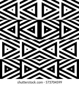 Vector seamless pattern. Decorative ornament, figurative design template with striped black white triangles. Background, texture with optical illusion effect. Decor for card tile textile parquet wall
