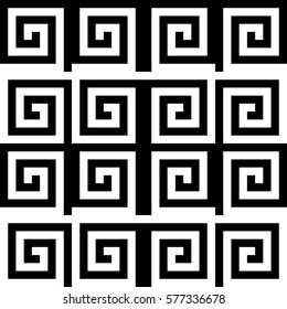 Vector seamless pattern. Decorative ornament, ancient design with striped black white spiral line. Background, texture with optical art effect. Classic decoration for tile, cover, fabric, print, badge