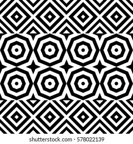 Vector seamless pattern. Decorative ornament, figurative design template with striped black white polygons. Background, texture with optical illusion effect. Decor for card tile textile parquet wall