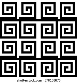 Vector seamless pattern. Decorative ornament, ancient design with striped black white spiral line. Background, texture with optical art effect. Classic decoration for tile, cover, fabric, print, badge