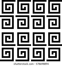 Vector seamless pattern. Decorative ornament, ancient design with striped black white spiral lines. Background, texture with op art effect. Classic decoration for tile, card, textile, parquet, border