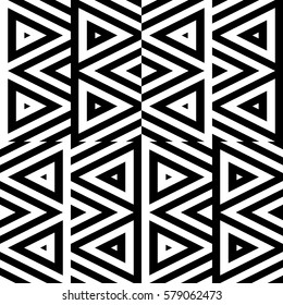 Vector seamless pattern. Decorative ornament, figurative design template with striped black white triangles. Background, texture with optical illusion effect. Decor for card tile textile parquet wall