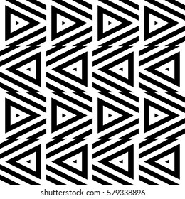 Vector seamless pattern. Decorative ornament, figurative design template with striped black white triangles. Background, texture with optical illusion effect. Decor for card tile textile parquet wall