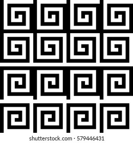 Vector seamless pattern. Decorative ornament, ancient design with striped black white spiral lines. Background, texture with op art effect. Classic decoration for tile, card, textile, parquet, border