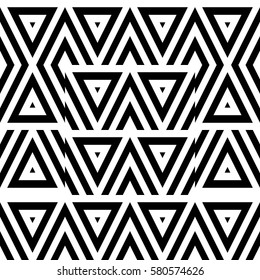 Vector seamless pattern. Decorative ornament, figurative design template with striped black white triangles. Background, texture with optical illusion effect. Decor for card tile textile parquet wall