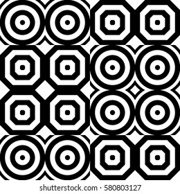Vector seamless pattern. Decorative ornament, figurative design template with striped black white polygons. Background, texture with optical illusion effect. Decor for card tile textile parquet wall