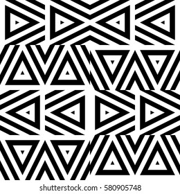 Vector seamless pattern. Decorative ornament, figurative design template with striped black white triangles. Background, texture with optical illusion effect. Decor for card tile textile parquet wall