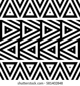 Vector seamless pattern. Decorative ornament, figurative design template with striped black white triangles. Background, texture with optical illusion effect. Decor for card tile textile parquet wall