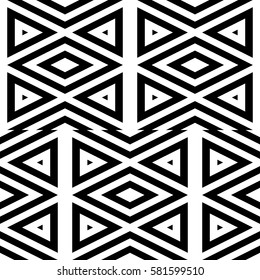 Vector seamless pattern. Decorative ornament, figurative design template with striped black white triangles. Background, texture with optical illusion effect. Decor for card tile textile parquet wall