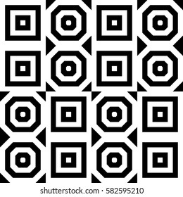 Vector seamless pattern. Decorative ornament, figurative design template with striped black white polygons. Background, texture with optical illusion effect. Decor for card tile textile parquet wall