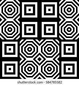 Vector seamless pattern. Decorative ornament, figurative design template with striped black white polygons. Background, texture with optical illusion effect. Decor for card tile textile parquet wall