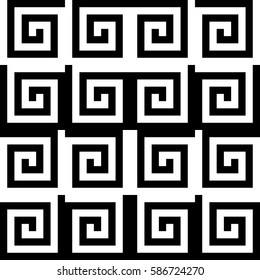 Vector seamless pattern. Decorative ornament, ancient design with striped black white spiral lines. Background, texture with op art effect. Classic decoration for tile, card, textile, parquet, border