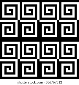 Vector seamless pattern. Decorative ornament, ancient design with striped black white spiral line. Background, texture with optical art effect. Classic decoration for tile, cover, fabric, print, badge