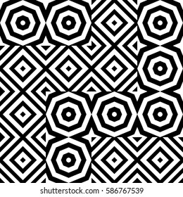 Vector seamless pattern. Decorative ornament, figurative design template with striped black white polygons. Background, texture with optical illusion effect. Decor for card tile textile parquet wall
