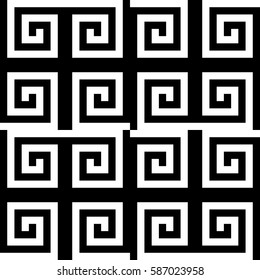 Vector seamless pattern. Decorative ornament, ancient design with striped black white spiral line. Background, texture with optical art effect. Classic decoration for tile, cover, fabric, print, badge