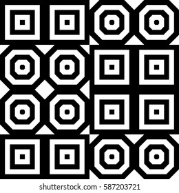 Vector seamless pattern. Decorative ornament, figurative design template with striped black white polygons. Background, texture with optical illusion effect. Decor for card tile textile parquet wall