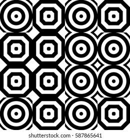 Vector seamless pattern. Decorative ornament, figurative design template with striped black white polygons. Background, texture with optical illusion effect. Decor for card tile textile parquet wall