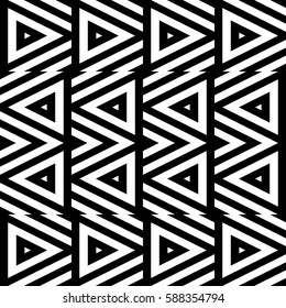 Vector seamless pattern. Decorative ornament, figurative design template with striped black white triangles. Background, texture with optical illusion effect. Decor for card tile textile parquet wall