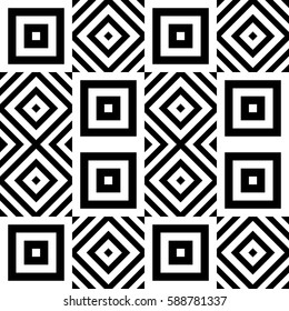 Vector seamless pattern. Decorative ornament, figurative design template with striped black white polygons. Background, texture with optical illusion effect. Decor for card tile textile parquet wall