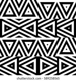 Vector seamless pattern. Decorative ornament, chaotic design template with striped black white triangles. Background, texture with optical illusion chaos. Decor for card tile textile parquet wall