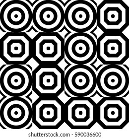 Vector seamless pattern. Decorative ornament, figurative design template with striped black white polygons. Background, texture with optical illusion effect. Decor for card tile textile parquet wall