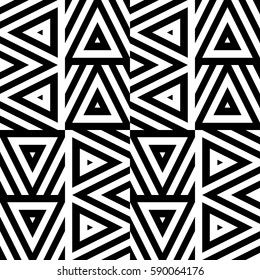Vector seamless pattern. Decorative ornament, figurative design template with striped black white triangles. Background, texture with optical illusion effect. Decor for card tile textile parquet wall