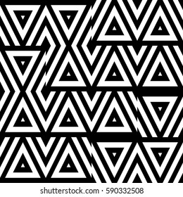 Vector seamless pattern. Decorative ornament, chaotic design template with striped black white triangles. Background, texture with optical illusion chaos. Decor for card tile textile parquet wall
