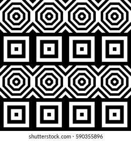 Vector seamless pattern. Decorative ornament, figurative design template with striped black white polygons. Background, texture with optical illusion effect. Decor for card tile textile parquet wall