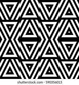 Vector seamless pattern. Decorative ornament, figurative design template with striped black white triangles. Background, texture with optical illusion effect. Decor for card tile textile parquet wall
