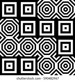 Vector seamless pattern. Decorative ornament, figurative design template with striped black white polygons. Background, texture with optical illusion effect. Decor for card tile textile parquet wall