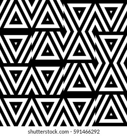 Vector seamless pattern. Decorative ornament, figurative design template with striped black white triangles. Background, texture with optical illusion effect. Decor for card tile textile parquet wall